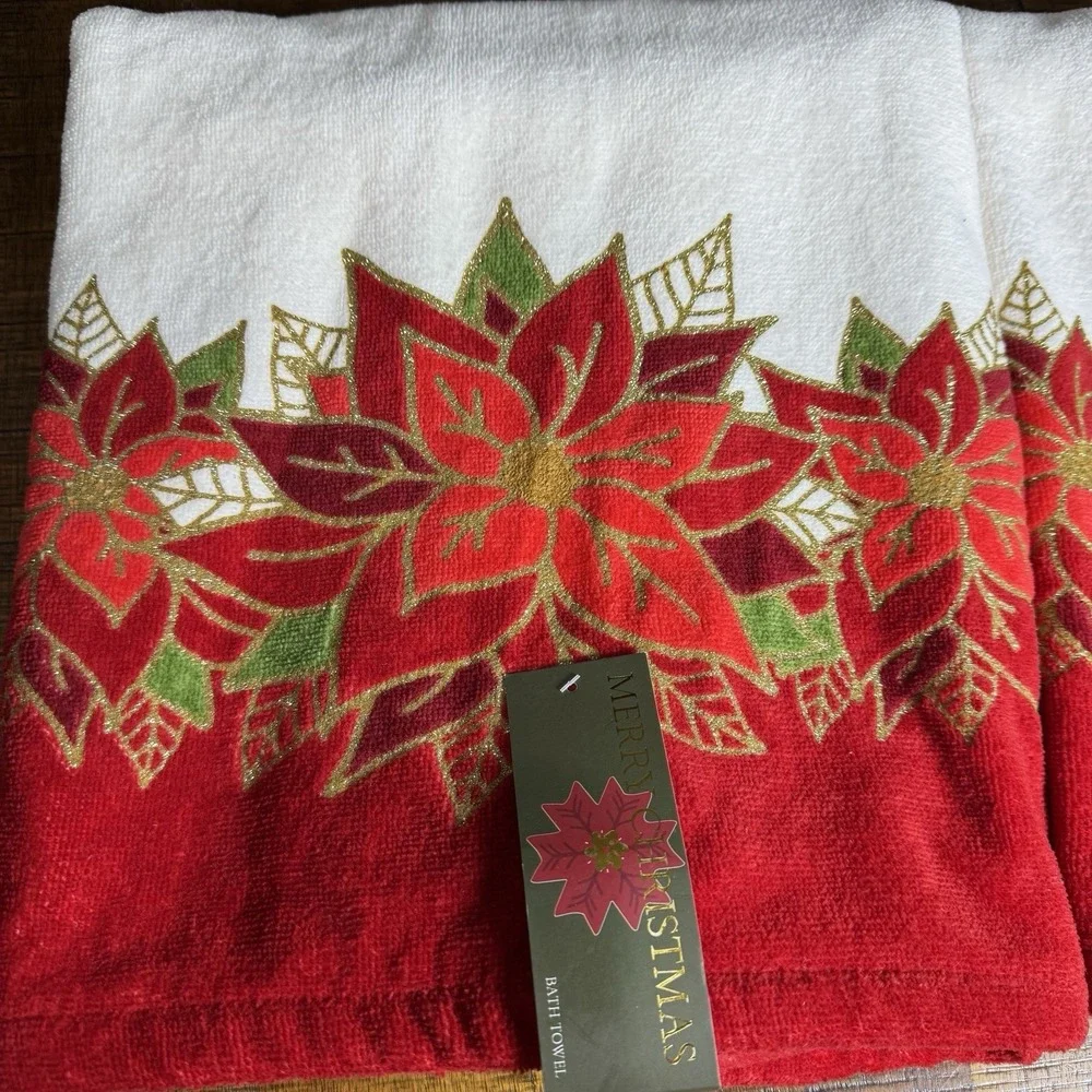 Vtg NOS 90's Merry Christmas Poinsettia Holiday Bath Towels 2pc Set OEKO-TEX‎